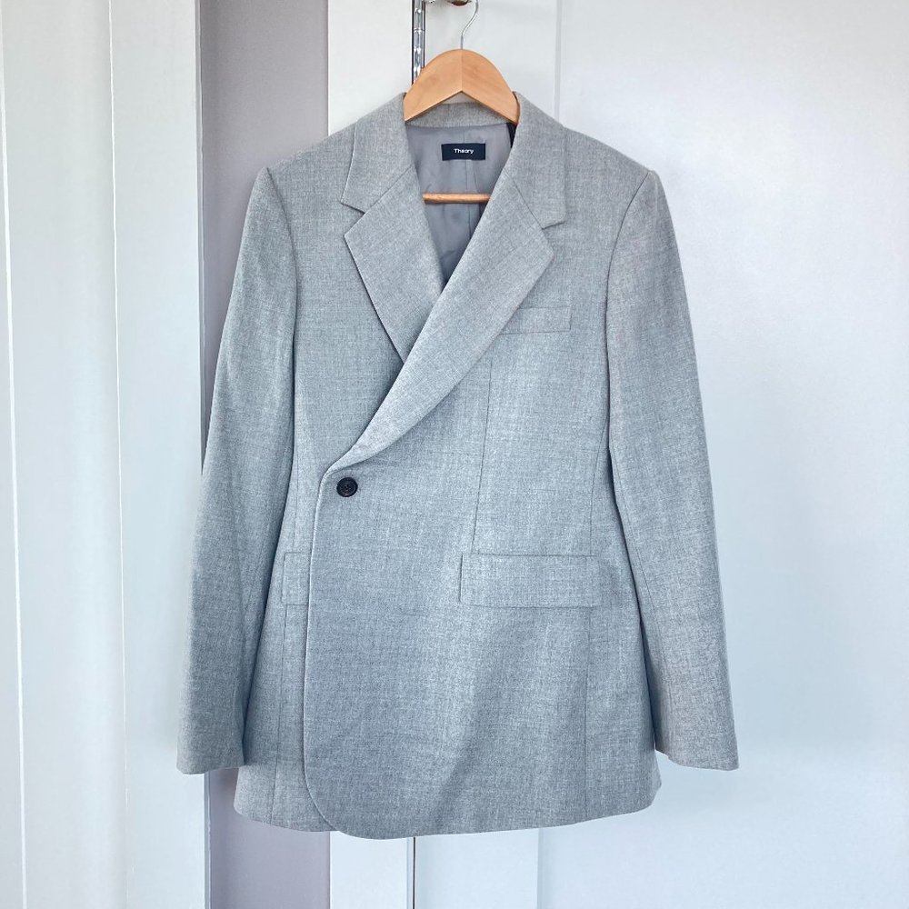 Theory Overlap Virgin Wool Blazer Pale Grey Oversized - Picture 5 of 11